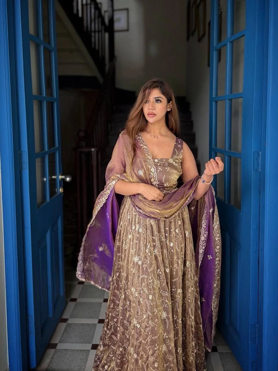 Mauve Sequins Embroidered Anarkali Suit doorway pose full-length – Kalyanja KU300